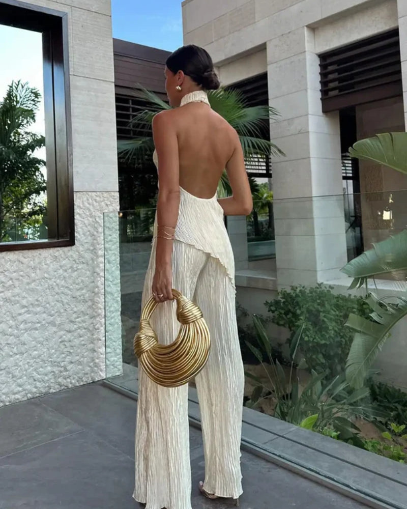 Hosenanzug Damen – Zweiteiliges Plissé-Set mit Halter-Ausschnitt