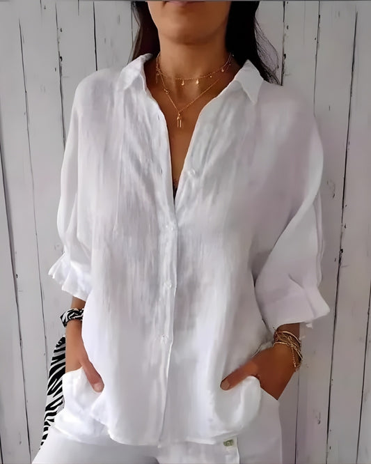 Klassisch Damen lockere Bluse mit Knopfleiste | Lange Ärmel