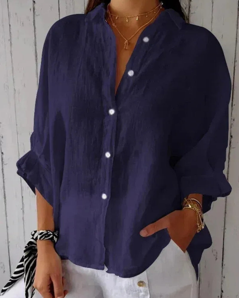 Klassisch Damen lockere Bluse mit Knopfleiste | Lange Ärmel