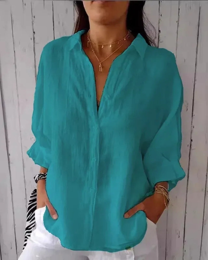 Klassisch Damen lockere Bluse mit Knopfleiste | Lange Ärmel