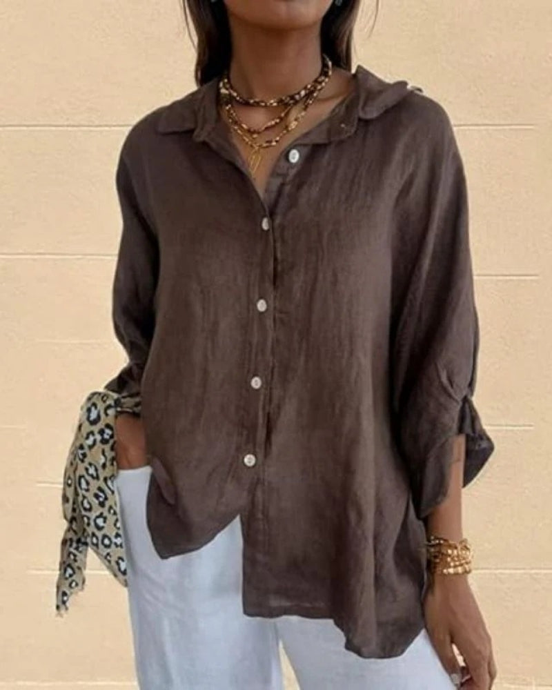 Klassisch Damen lockere Bluse mit Knopfleiste | Lange Ärmel