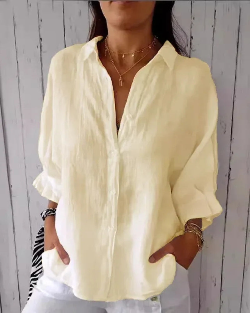 Klassisch Damen lockere Bluse mit Knopfleiste | Lange Ärmel