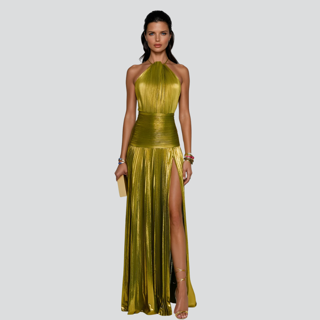 Klassisches Abendkleid Damen – Langes Schmal Geschnittenes Maxikleid mit Neckholder und Hohem Schlitz