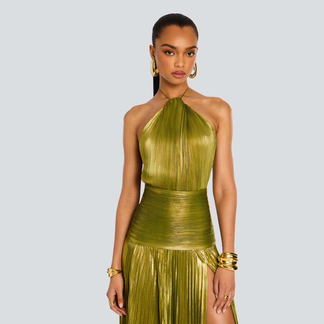 Klassisches Abendkleid Damen – Langes Schmal Geschnittenes Maxikleid mit Neckholder und Hohem Schlitz