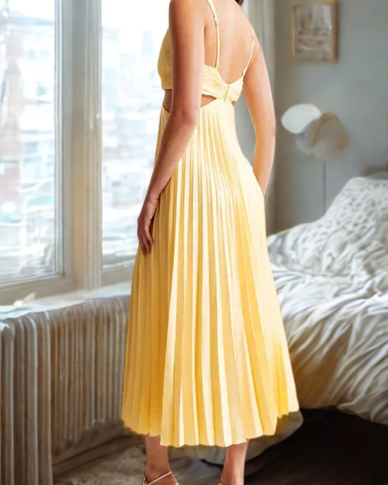 Kleider Damen – Ärmelloses Midi Kleid mit V-Ausschnitt und Faltenrock