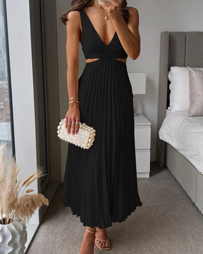 Kleider Damen – Ärmelloses Midi Kleid mit V-Ausschnitt und Faltenrock
