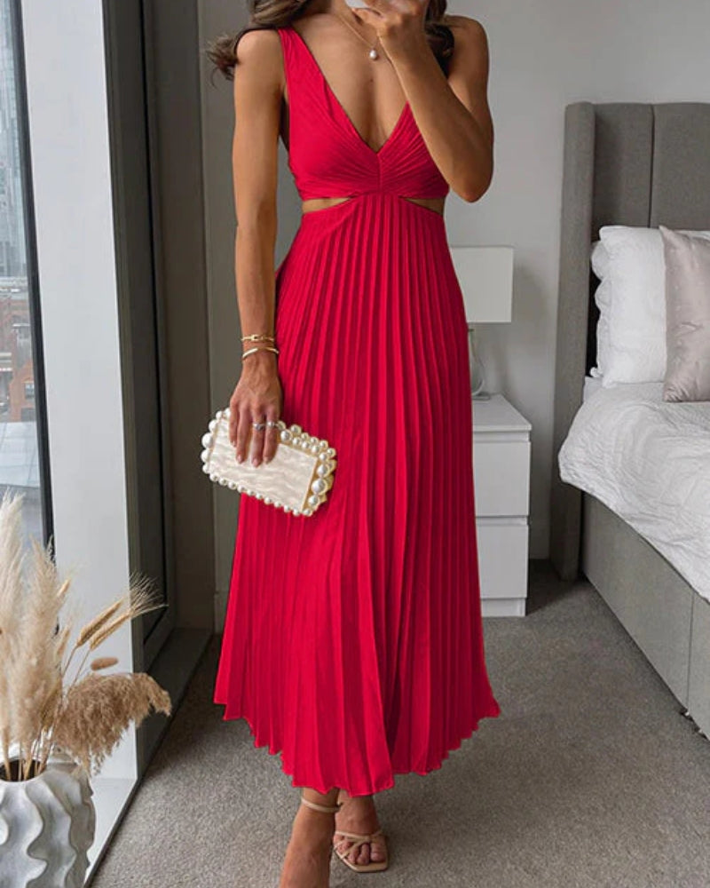 Kleider Damen – Ärmelloses Midi Kleid mit V-Ausschnitt und Faltenrock