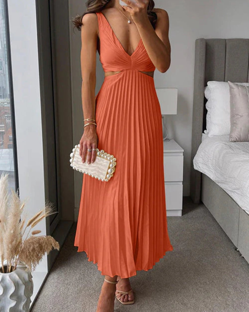 Kleider Damen – Ärmelloses Midi Kleid mit V-Ausschnitt und Faltenrock