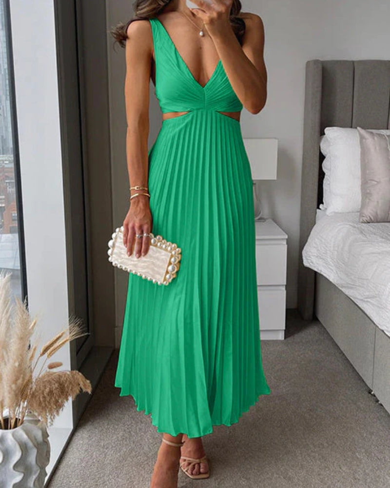 Kleider Damen – Ärmelloses Midi Kleid mit V-Ausschnitt und Faltenrock