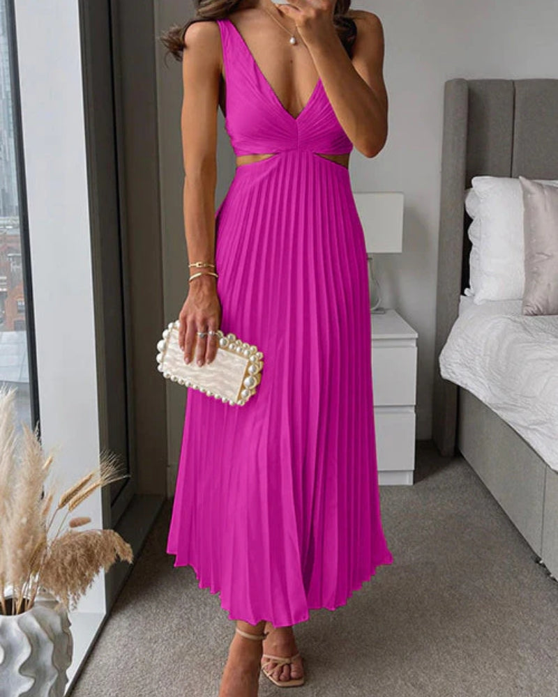 Kleider Damen – Ärmelloses Midi Kleid mit V-Ausschnitt und Faltenrock