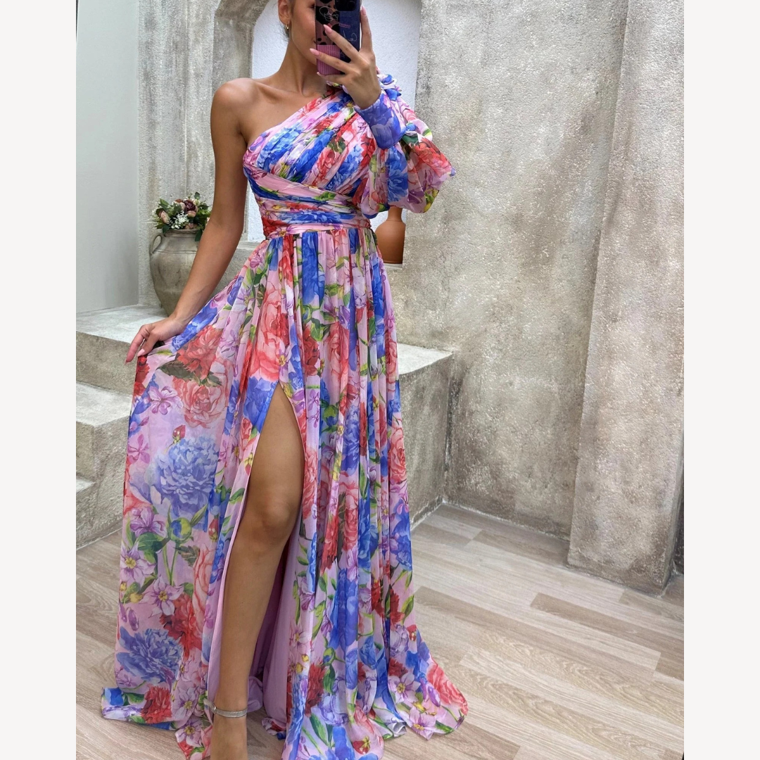 Lang Abendkleid Blumen – Elegantes fließendes One-Shoulder-Kleid