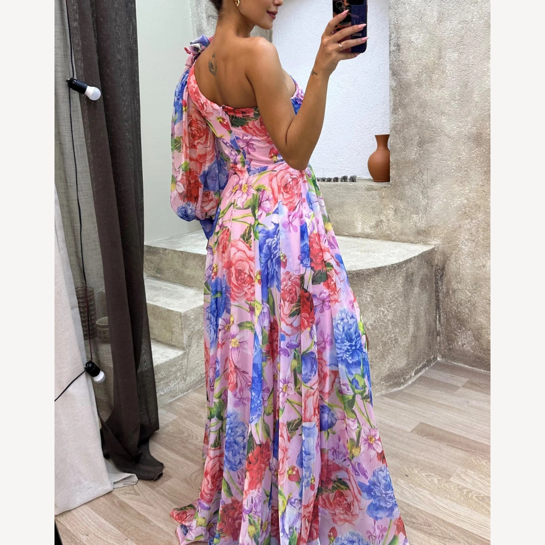 Lang Abendkleid Blumen – Elegantes fließendes One-Shoulder-Kleid