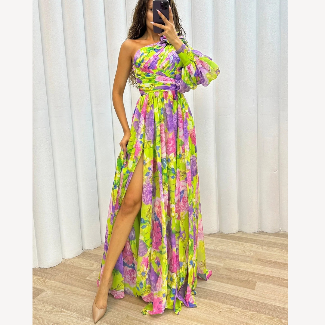 Lang Abendkleid Blumen – Elegantes fließendes One-Shoulder-Kleid