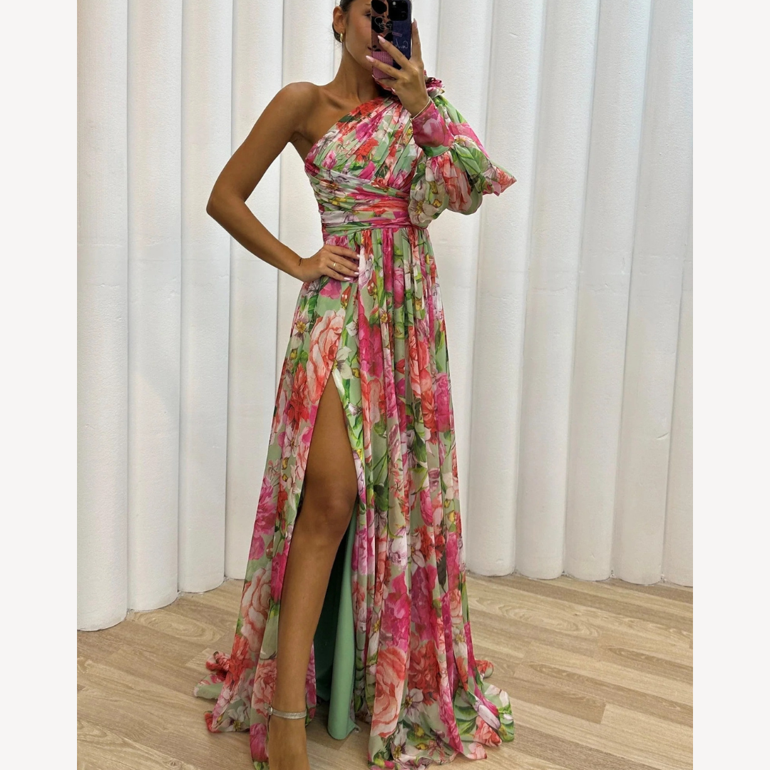 Lang Abendkleid Blumen – Elegantes fließendes One-Shoulder-Kleid
