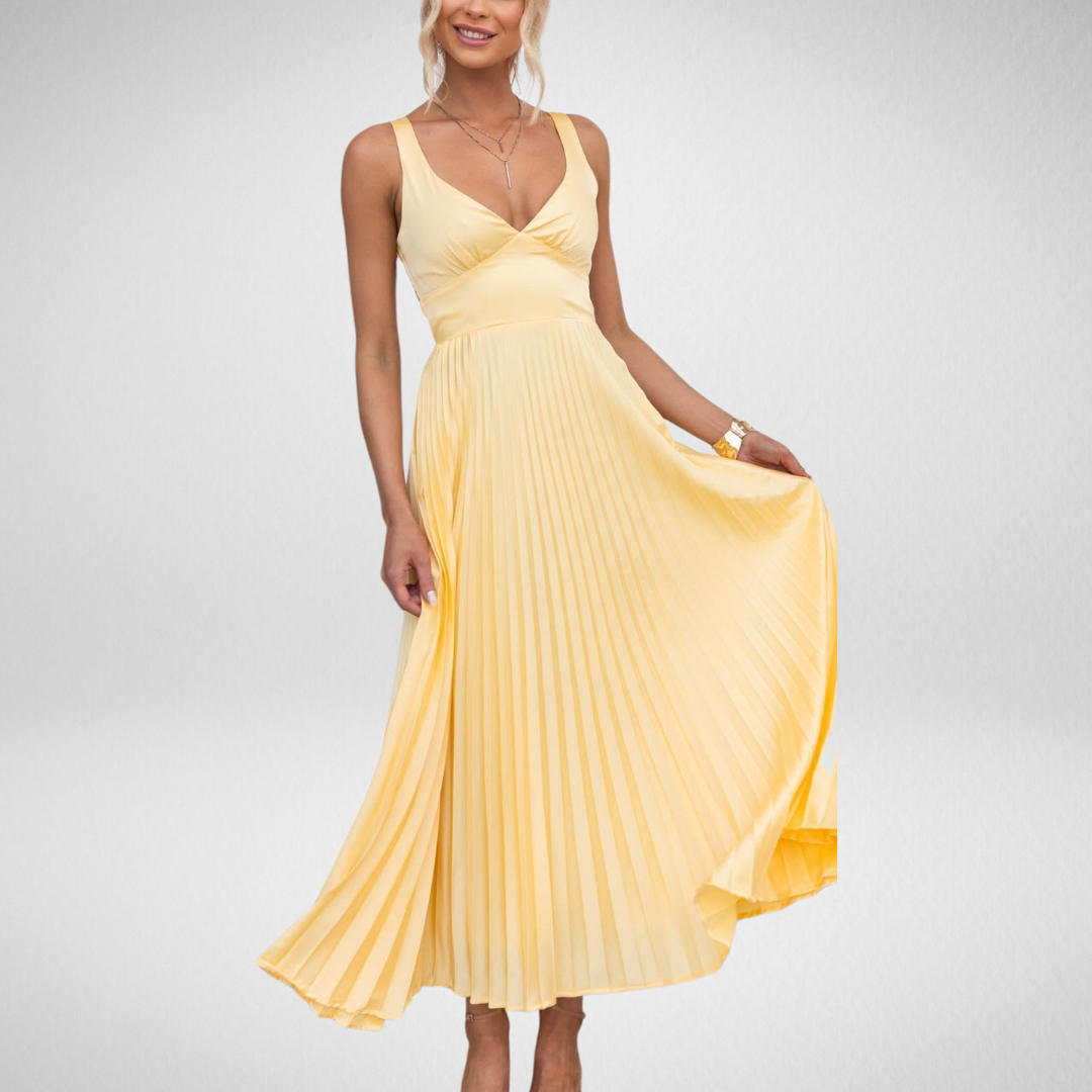 Lang Abendkleid Damen – Elegantes Plissiertes ärmelloses Kleid mit Fließender Silhouette