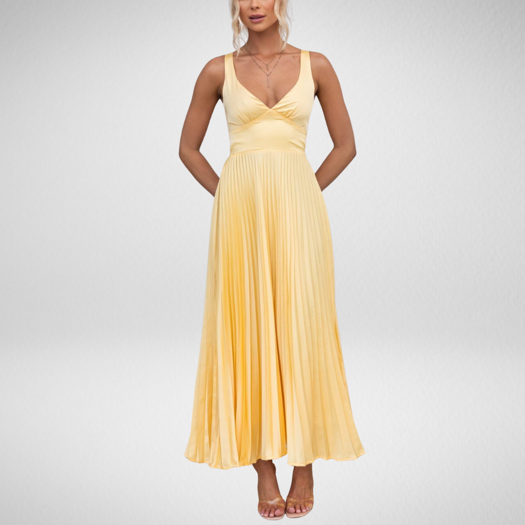 Lang Abendkleid Damen – Elegantes Plissiertes ärmelloses Kleid mit Fließender Silhouette