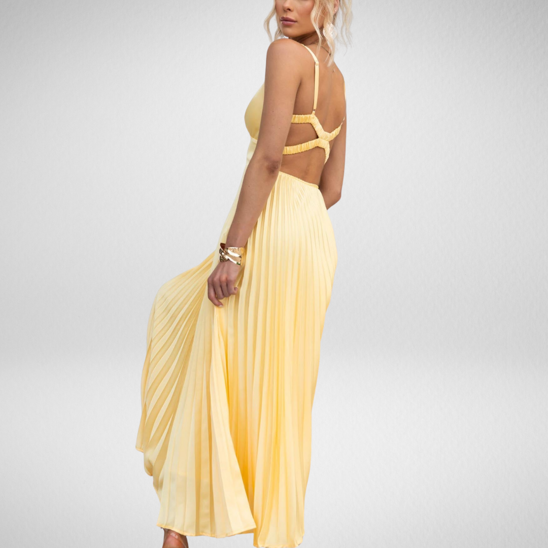 Lang Abendkleid Damen – Elegantes Plissiertes ärmelloses Kleid mit Fließender Silhouette