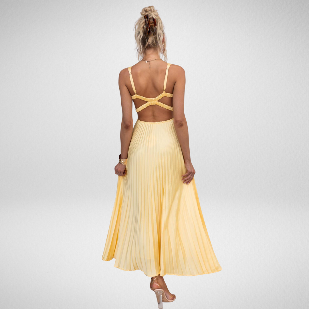 Lang Abendkleid Damen – Elegantes Plissiertes ärmelloses Kleid mit Fließender Silhouette