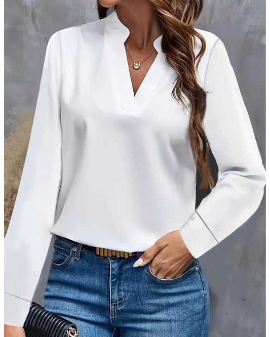 Langärmelige Damenbluse mit V-Ausschnitt – Bluse für Büro und formelle Kombinationen