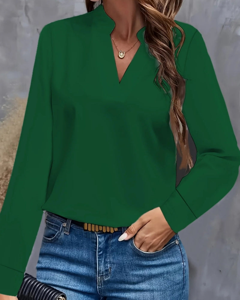 Langärmelige Damenbluse mit V-Ausschnitt – Bluse für Büro und formelle Kombinationen