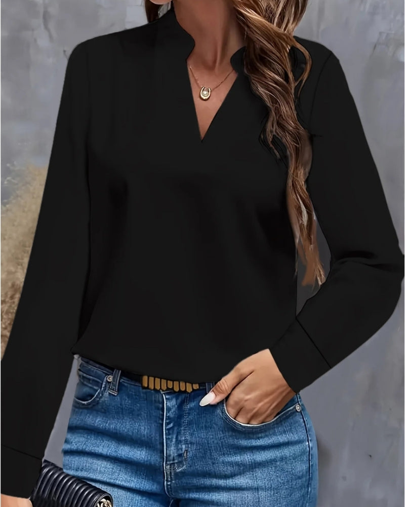 Langärmelige Damenbluse mit V-Ausschnitt – Bluse für Büro und formelle Kombinationen