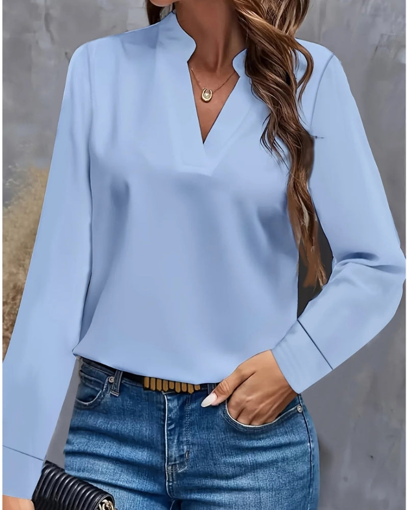 Langärmelige Damenbluse mit V-Ausschnitt – Bluse für Büro und formelle Kombinationen