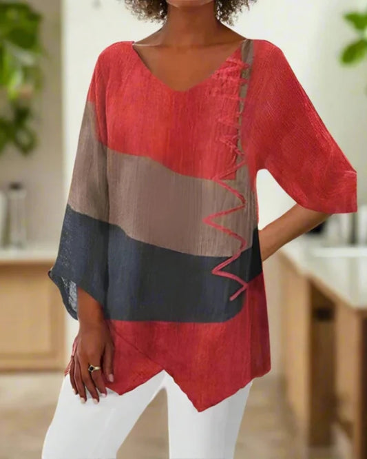 Langärmelige Damenbluse mit V-Ausschnitt – Dreifarbige Bluse für Alltag und Übergangszeit