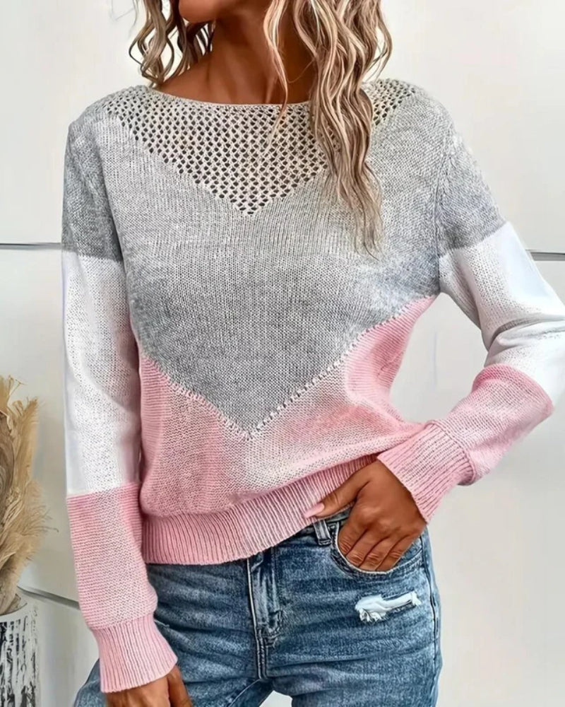 Langärmeliger Damenpullover – Modernes Farbblock-Design