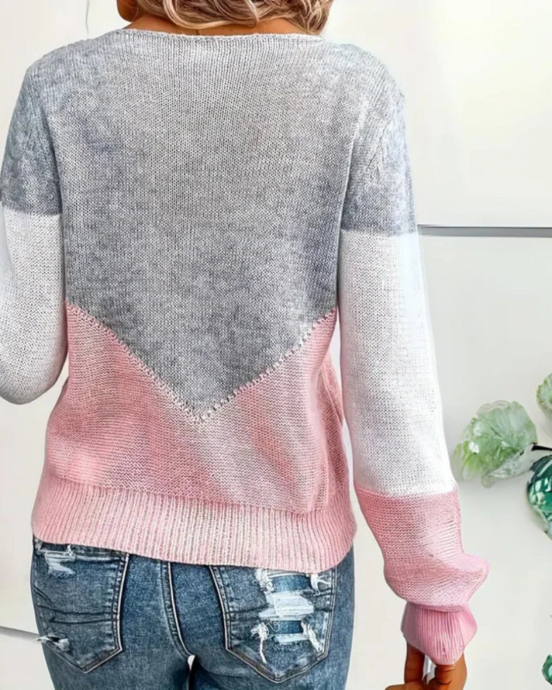 Langärmeliger Damenpullover – Modernes Farbblock-Design