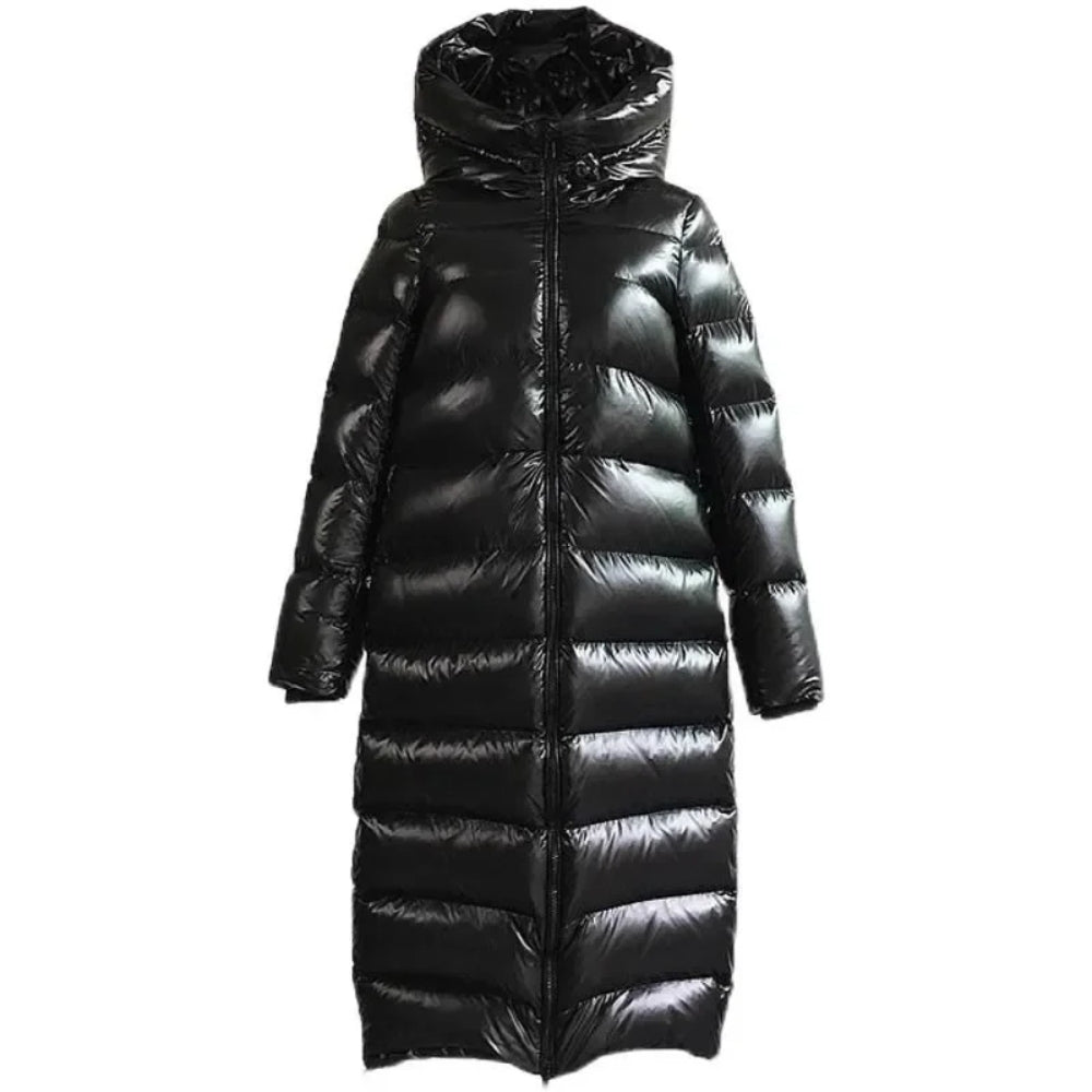Lange Glänzende Pufferjacke für Frauen - Warmer Wintermantel mit Reißverschluss