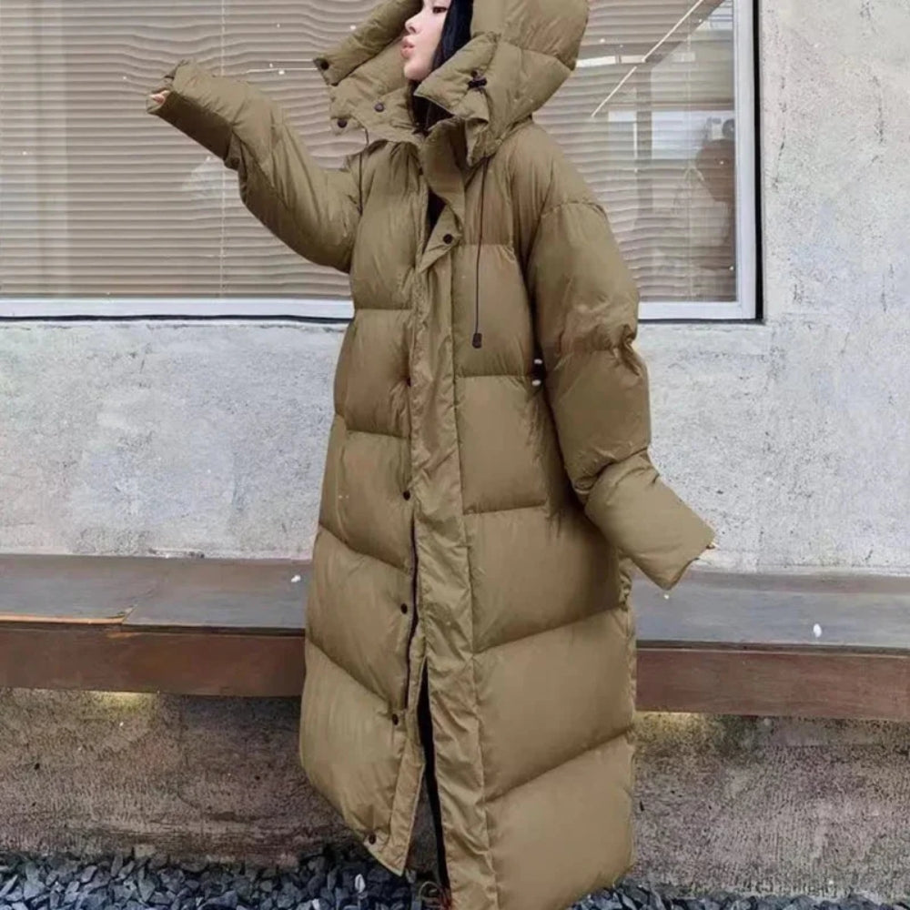 Lange Winterjacke für Frauen - Leichte Pufferjacke mit Kapuze