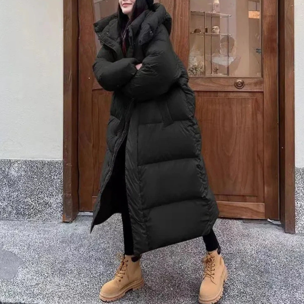 Lange Winterjacke für Frauen - Leichte Pufferjacke mit Kapuze