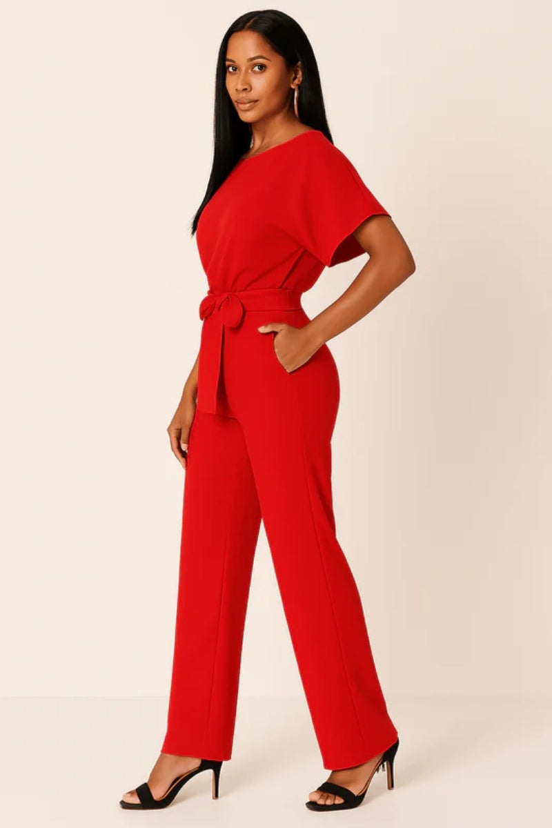 Langer Jumpsuit für Frauen - Gürtel zum Binden mit tropfenförmigem Rückenausschnitt