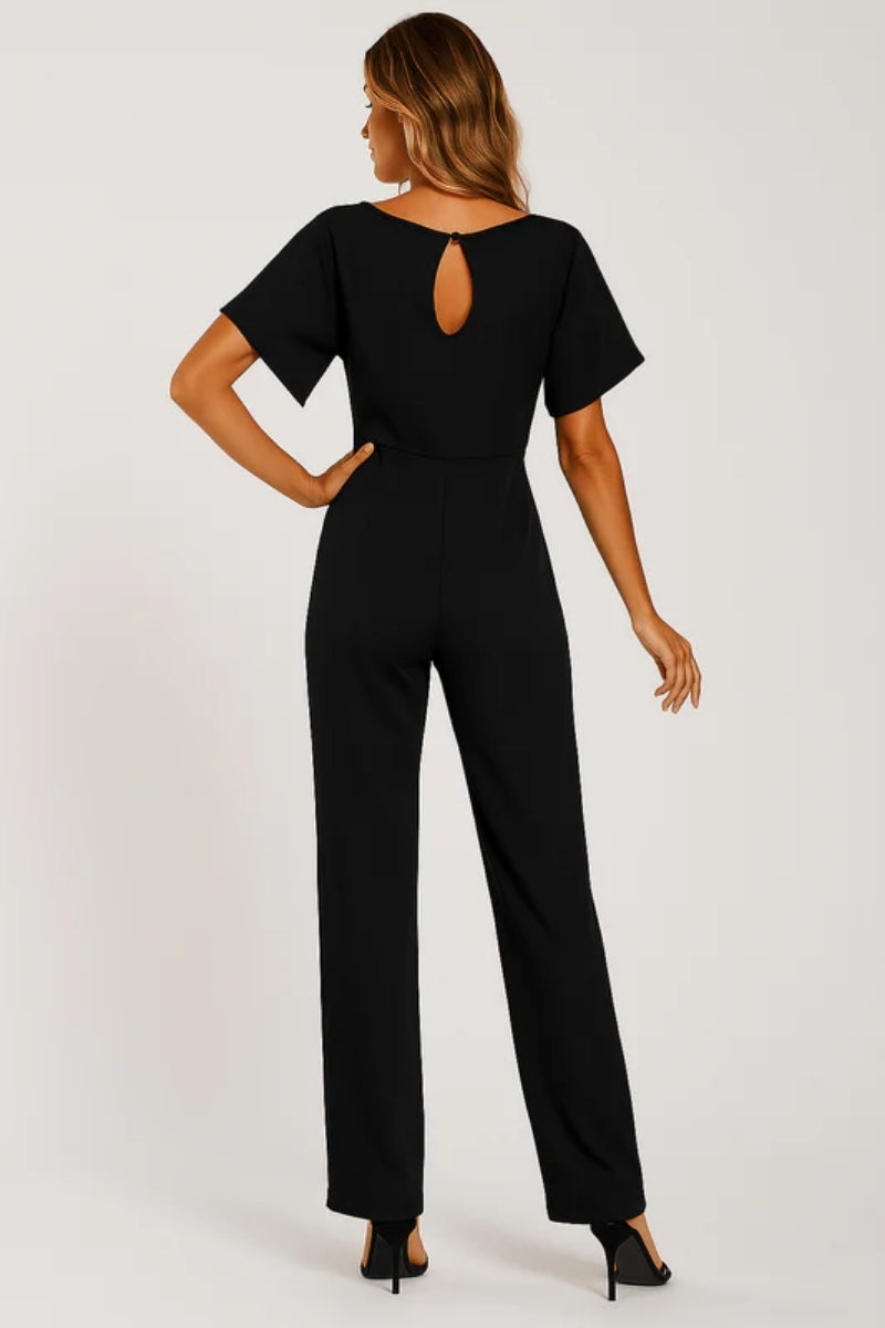 Langer Jumpsuit für Frauen - Gürtel zum Binden mit tropfenförmigem Rückenausschnitt