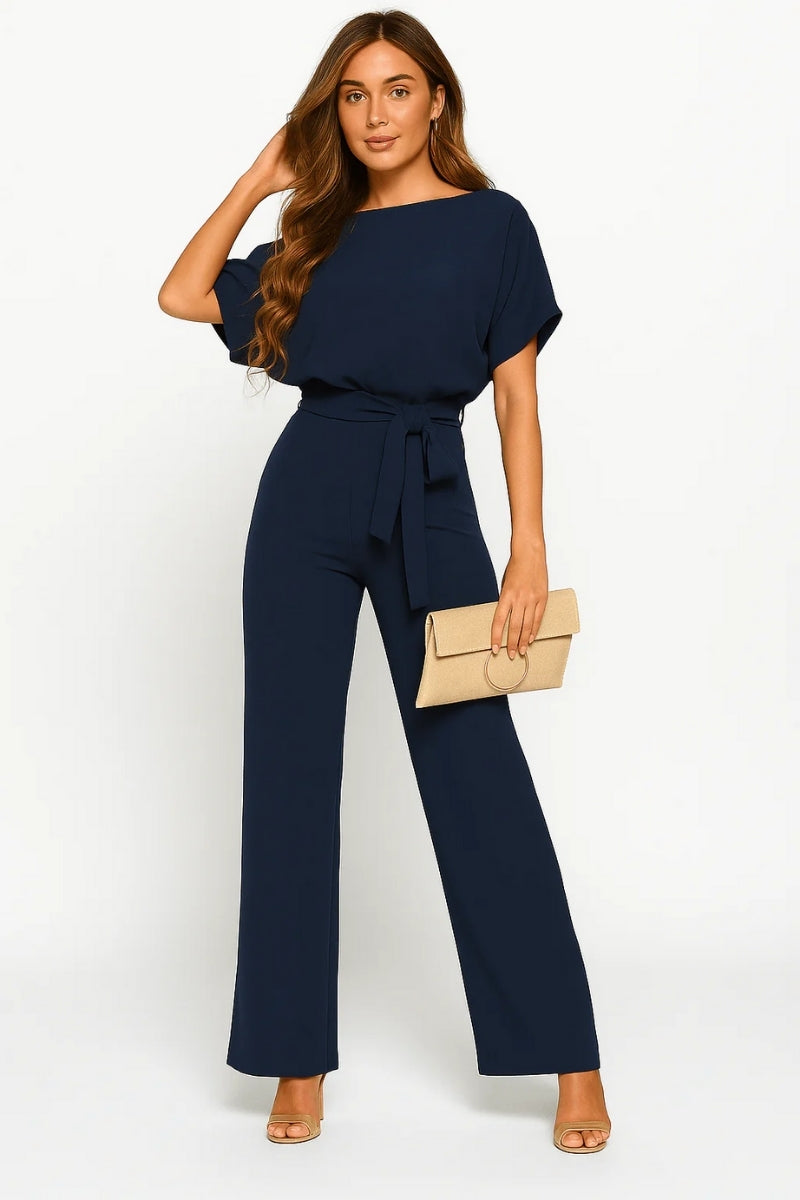 Langer Jumpsuit für Frauen - Gürtel zum Binden mit tropfenförmigem Rückenausschnitt