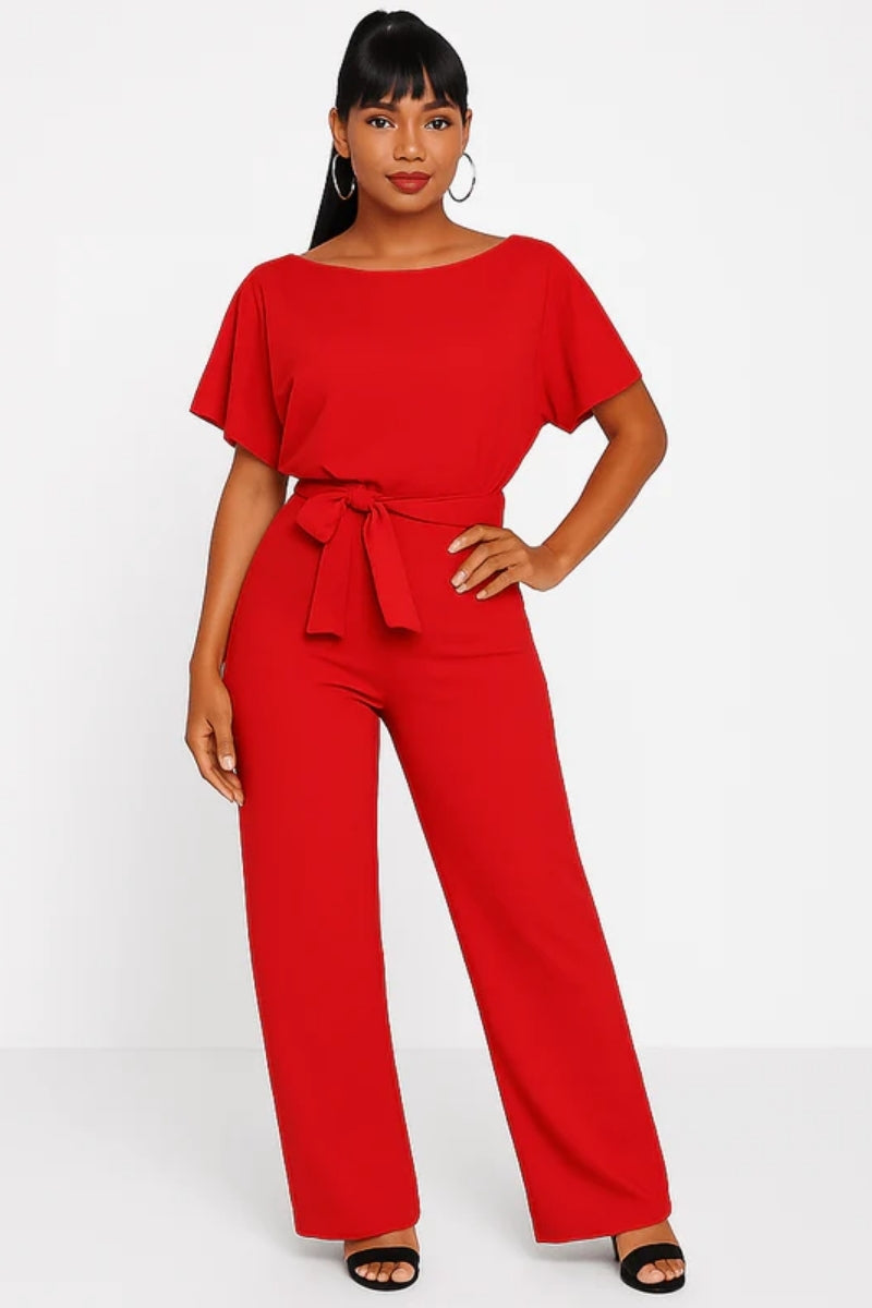 Langer Jumpsuit für Frauen - Gürtel zum Binden mit tropfenförmigem Rückenausschnitt