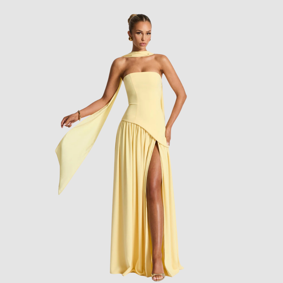 Langes Abendkleid Damen – Trägerloses Maxikleid mit Oberteilschal und Hohem Schlitz