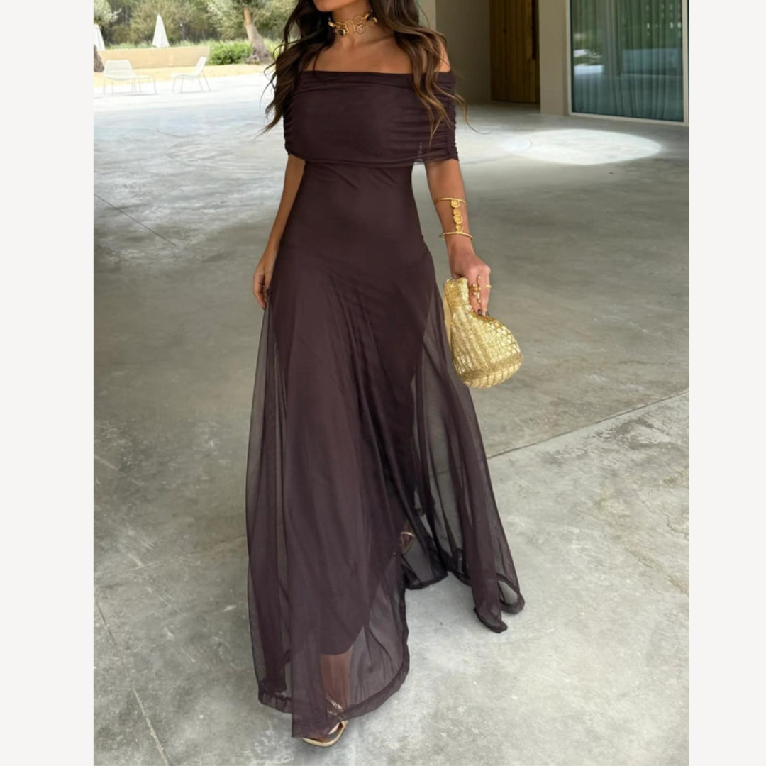 Langes Abendkleid – Ein-Schulter-Maxikleid aus Mesh für Damen