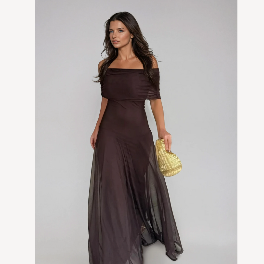 Langes Abendkleid – Ein-Schulter-Maxikleid aus Mesh für Damen