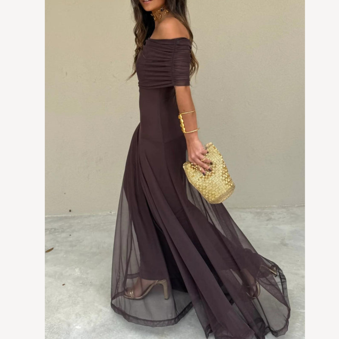Langes Abendkleid – Ein-Schulter-Maxikleid aus Mesh für Damen