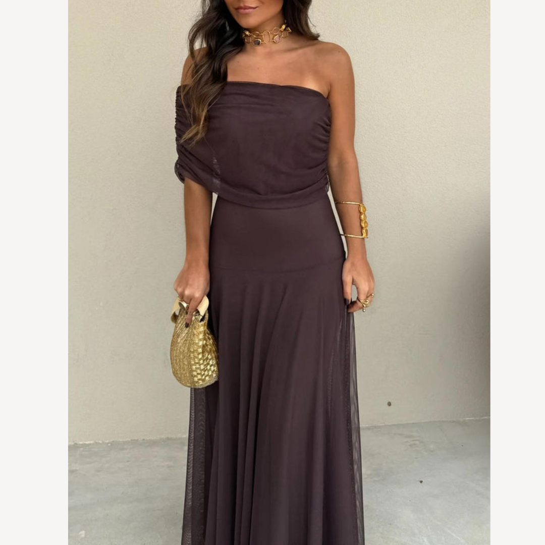 Langes Abendkleid – Ein-Schulter-Maxikleid aus Mesh für Damen