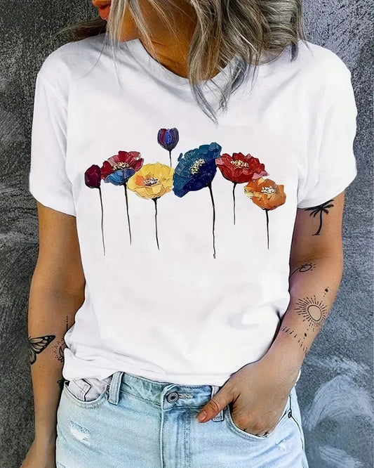 Leicht Damen T-Shirt mit Blumenprint | Sommer Kurzarm