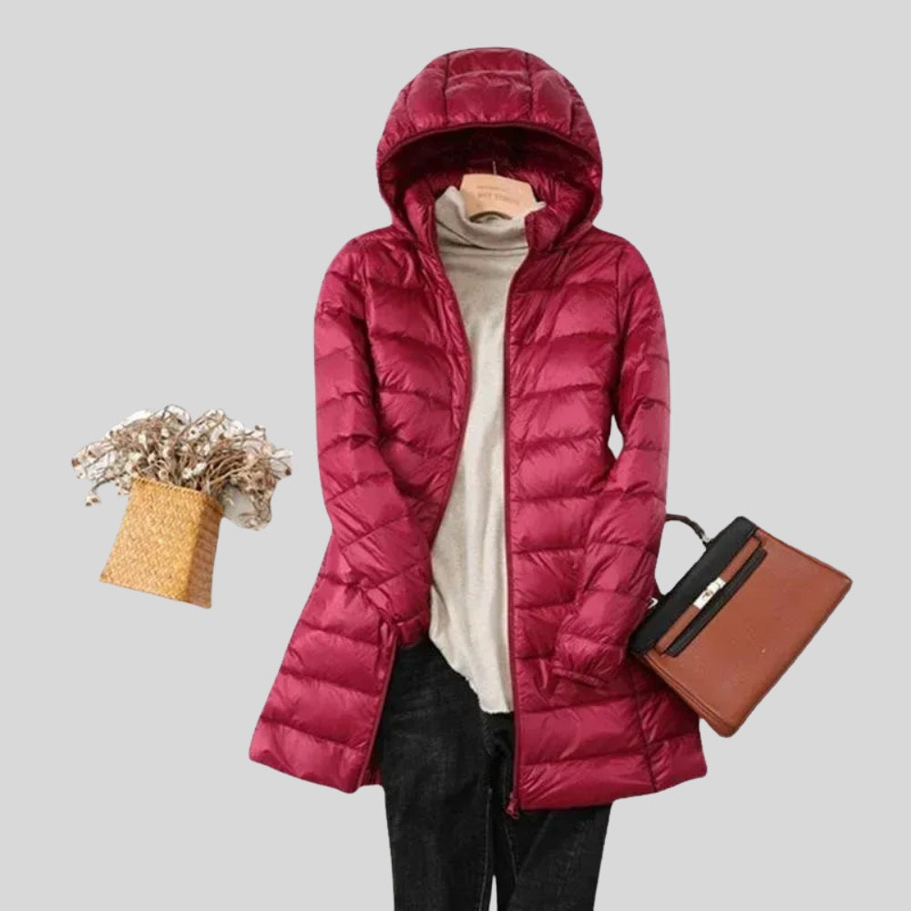 Leichte Winterjacke Damen – Langer Steppmantel mit Kapuze für Alltag und Reisen