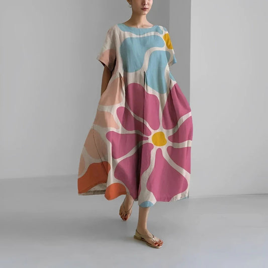 Lockeres Midikleid mit Puffärmeln - A-Linie mit Rundhalsausschnitt, lockere Passform