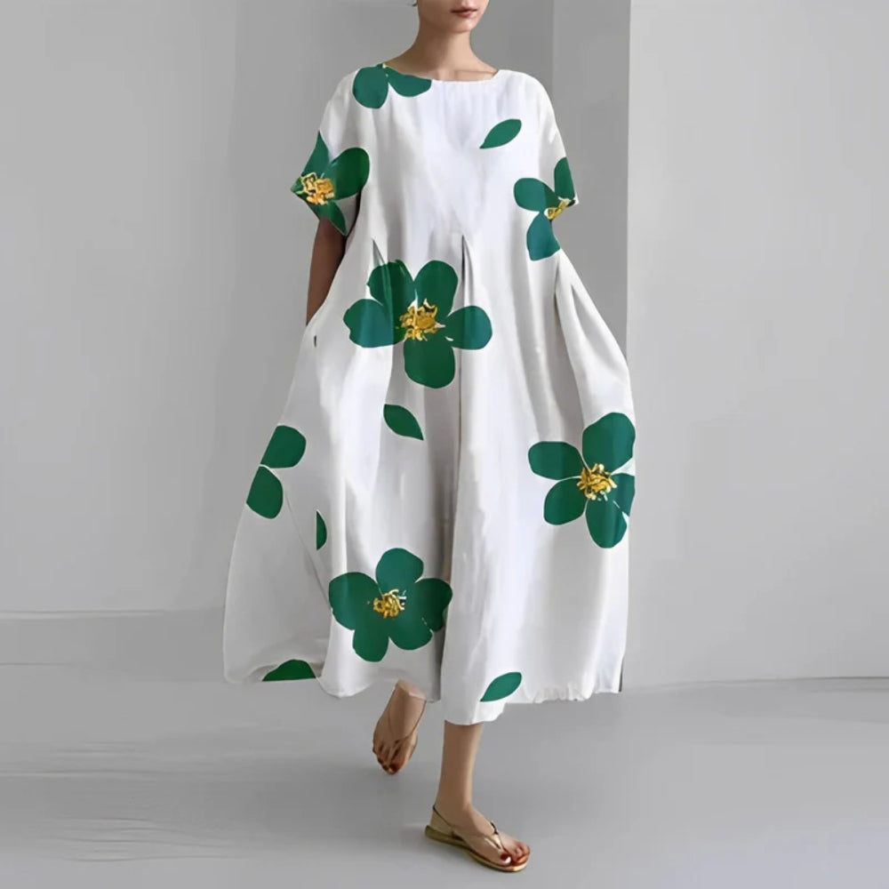 Lockeres Midikleid mit Puffärmeln - A-Linie mit Rundhalsausschnitt, lockere Passform