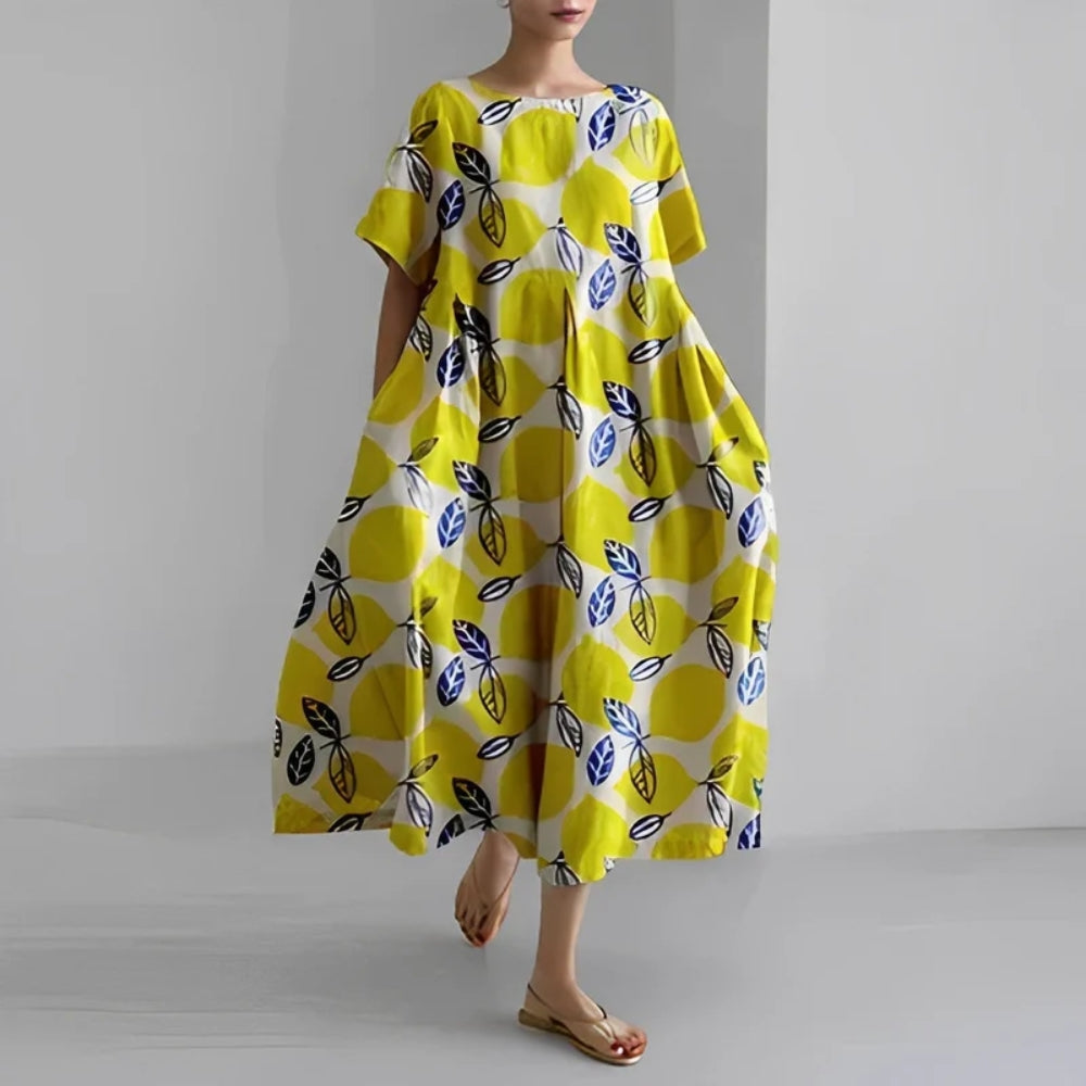 Lockeres Midikleid mit Puffärmeln - A-Linie mit Rundhalsausschnitt, lockere Passform