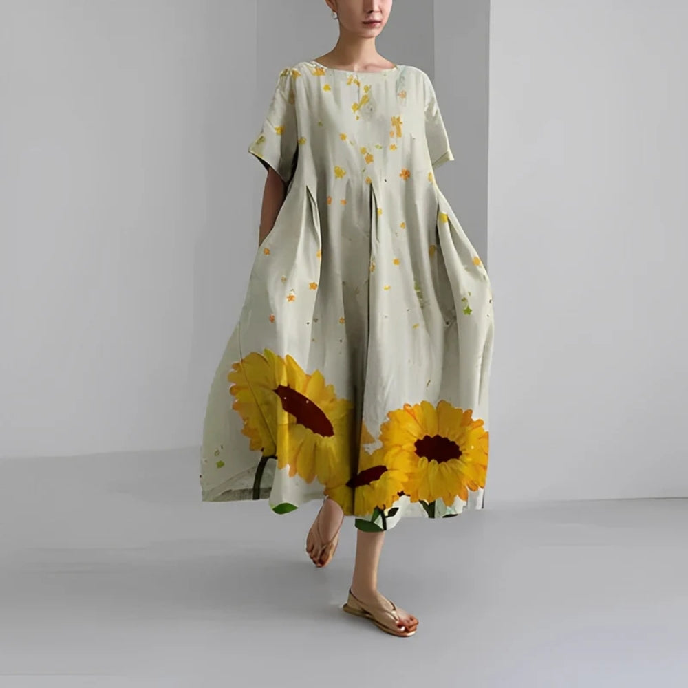 Lockeres Midikleid mit Puffärmeln - A-Linie mit Rundhalsausschnitt, lockere Passform