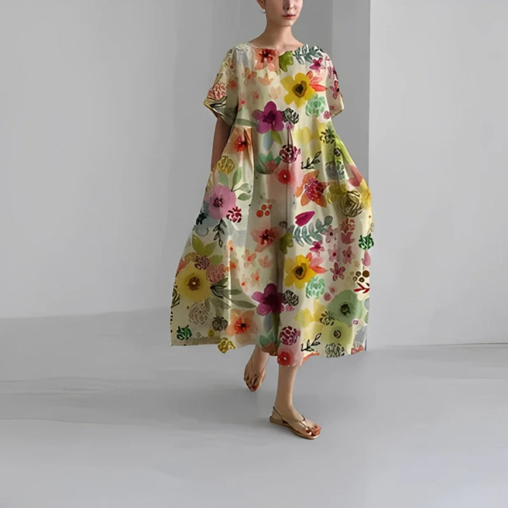 Lockeres Midikleid mit Puffärmeln - A-Linie mit Rundhalsausschnitt, lockere Passform