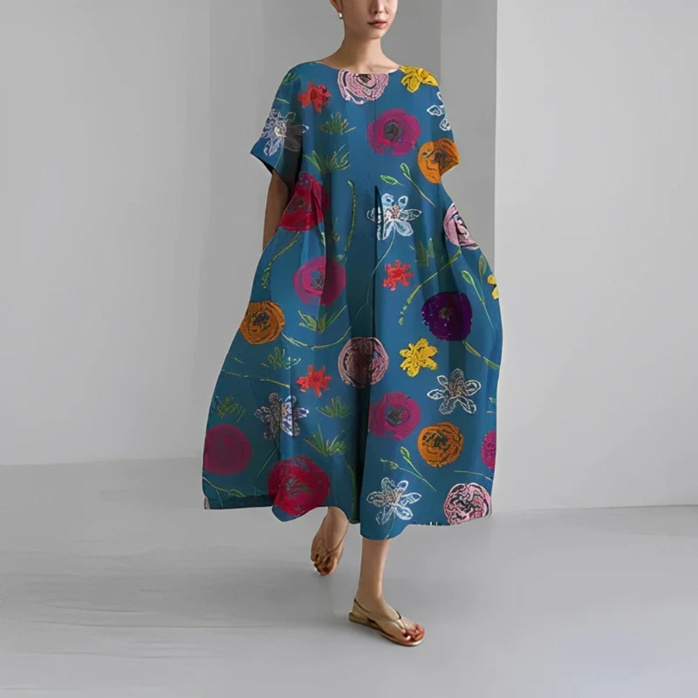 Lockeres Midikleid mit Puffärmeln - A-Linie mit Rundhalsausschnitt, lockere Passform