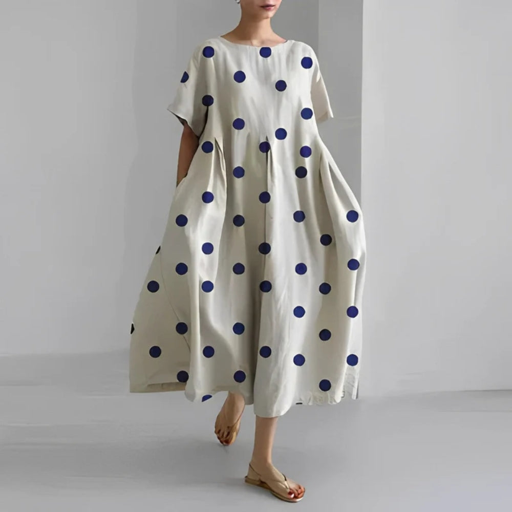 Lockeres Midikleid mit Puffärmeln - A-Linie mit Rundhalsausschnitt, lockere Passform